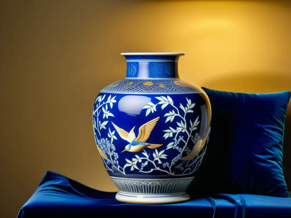 Detalle de un exquisito jarrón de porcelana china con motivos tradicionales en azul cobalto y detalles en oro, sobre un cojín de terciopelo negro