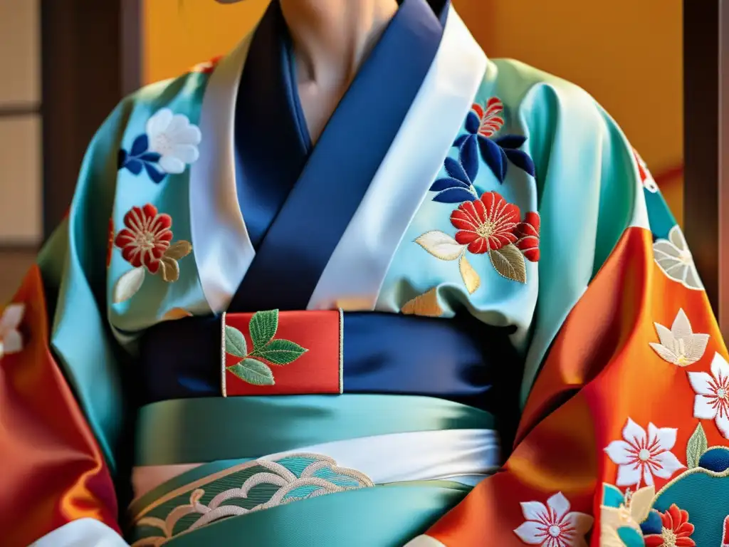 Detalle exquisito del kimono japonés: bordados intricados y seda delicada resaltados por luz natural