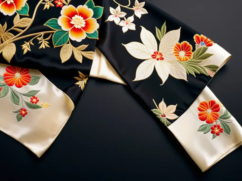 Detalle de un exquisito kimono de seda bordado a mano con patrones florales, destacando la influencia del arte asiático en alta costura