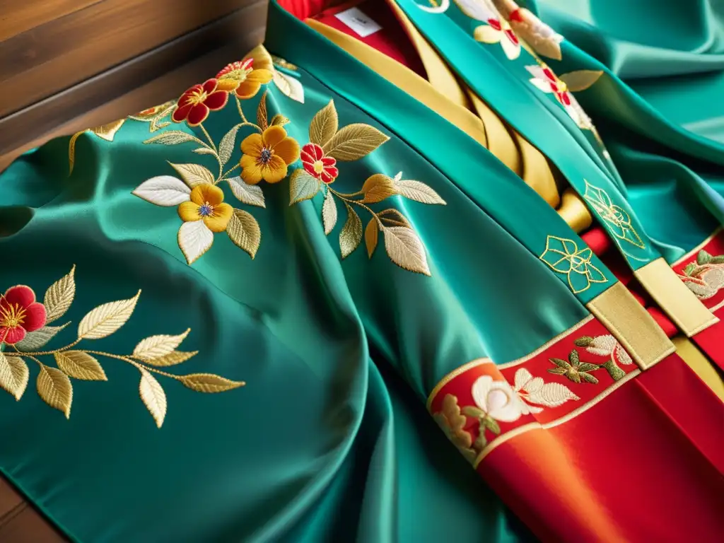 Detalle exquisito de un kimono de seda, con bordados delicados y colores vibrantes