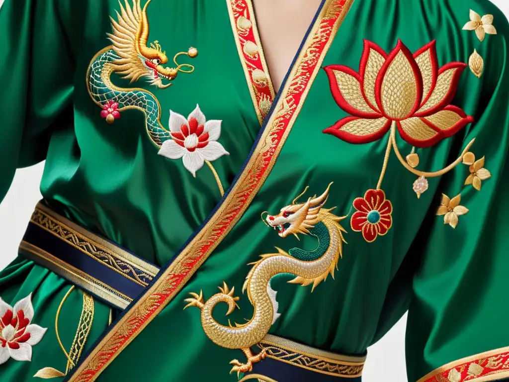 Detalle exquisito de un lujoso kimono de seda con bordados asiáticos: dragones, flores de loto y símbolos auspiciosos