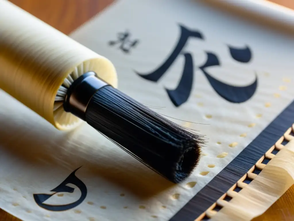 Detalle exquisito de un pincel de caligrafía japonés sobre papel de arroz con caracteres meticulosamente pintados en tinta negra