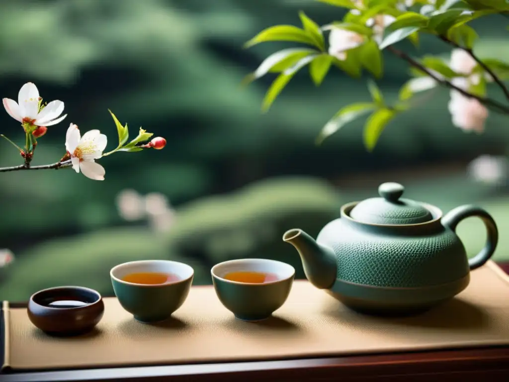 Detalle exquisito del ritual del té japonés con motivos de flores de cerezo, en un jardín sereno