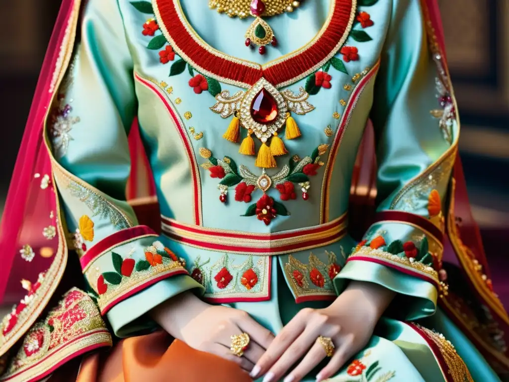 Detalle de un exquisito vestido de novia asiático de alta costura, con bordados intrincados y colores vibrantes que reflejan la rica herencia cultural