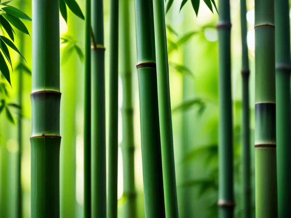 Detalle de un exuberante bosque de bambú, con luz solar filtrándose entre las densas hojas verdes