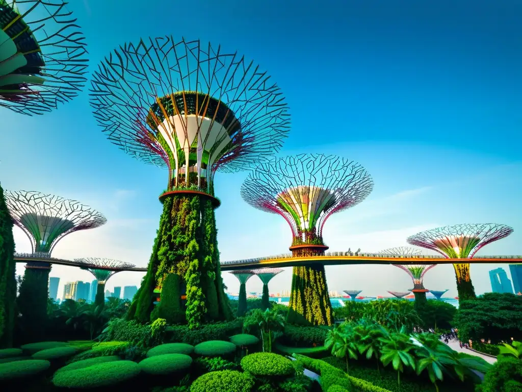 Detalle de la exuberante vegetación en los jardines de Singapur, destacando la sostenibilidad de megaestructuras asiáticas