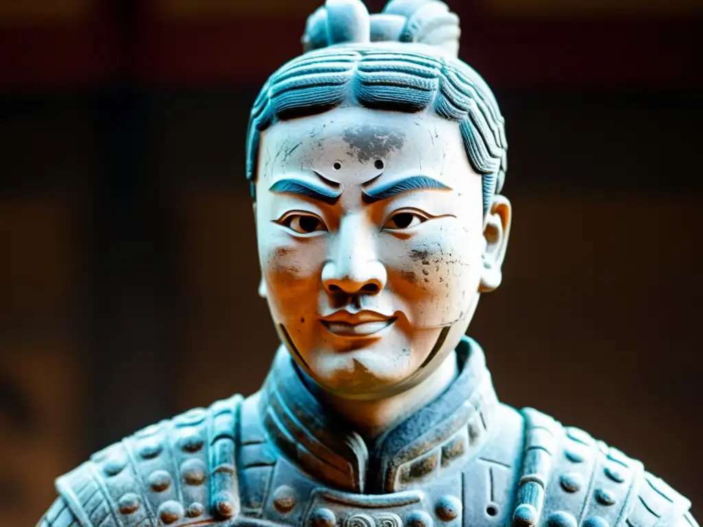Detalle facial de un Guerrero de Terracota de China, transmitiendo misterio y fuerza