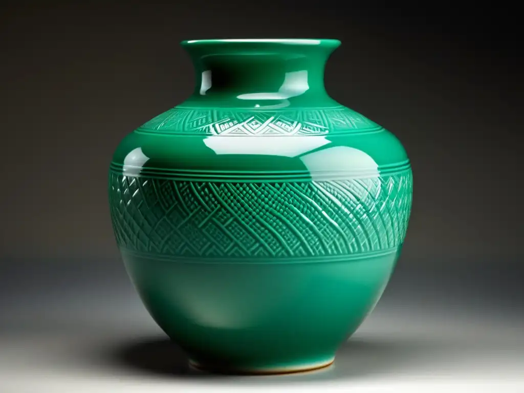 Detalle fascinante de una antigua cerámica celadón de China, revelando su exquisito color verde esmeralda y su artesanía atemporal