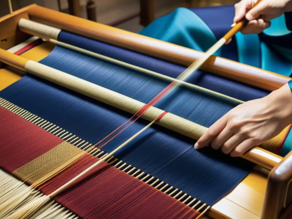 Detalle fascinante de tejido de kimono con hilos vibrantes en rojo, dorado e índigo entrelazados en un telar de madera tradicional