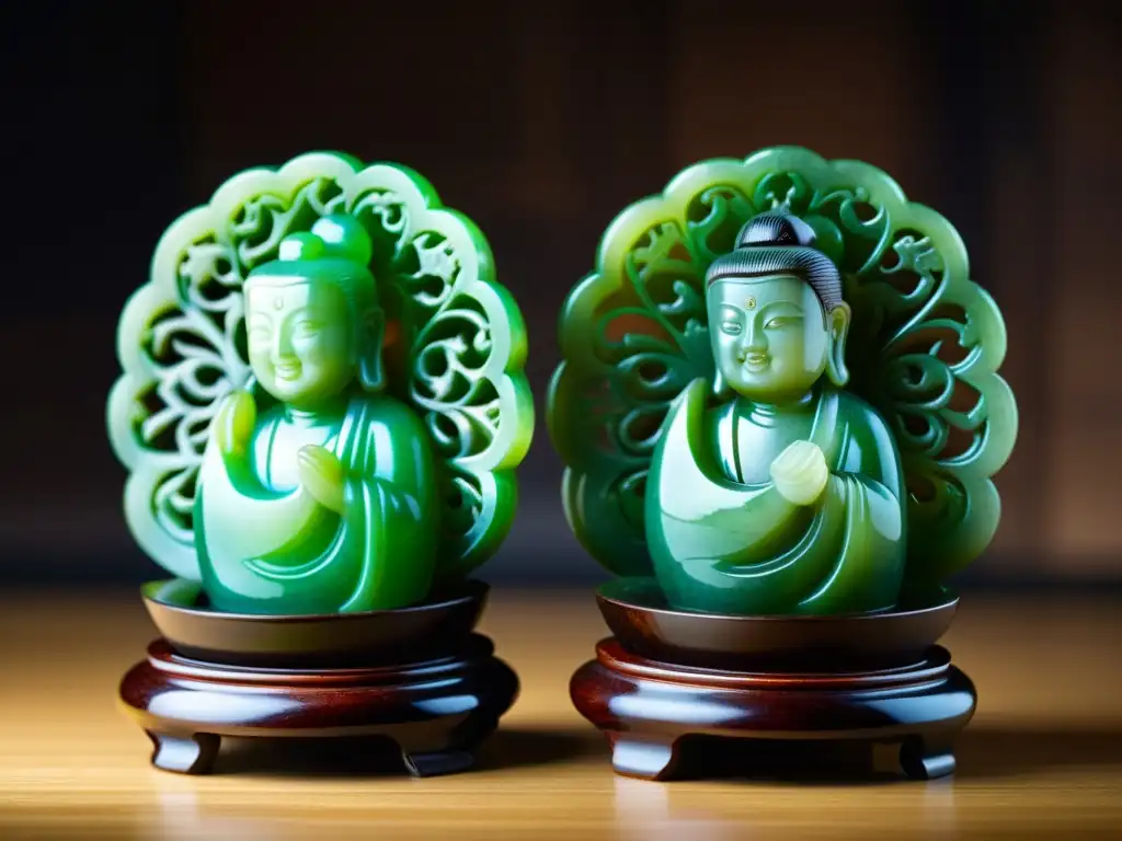 Detalle de figuras de jade chinas antiguas en pedestal de madera pulida, iluminadas por luz natural