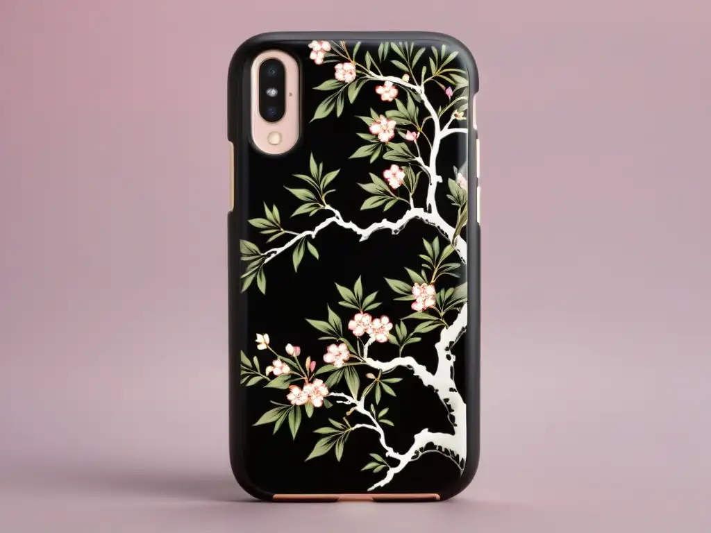 Detalle de funda de teléfono móvil asiática con pintura japonesa de cerezo en flor