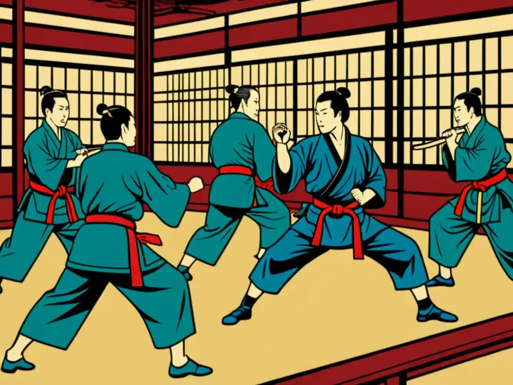 Detalle de grabado japonés de artes marciales en un dojo tradicional durante la Era Meiji