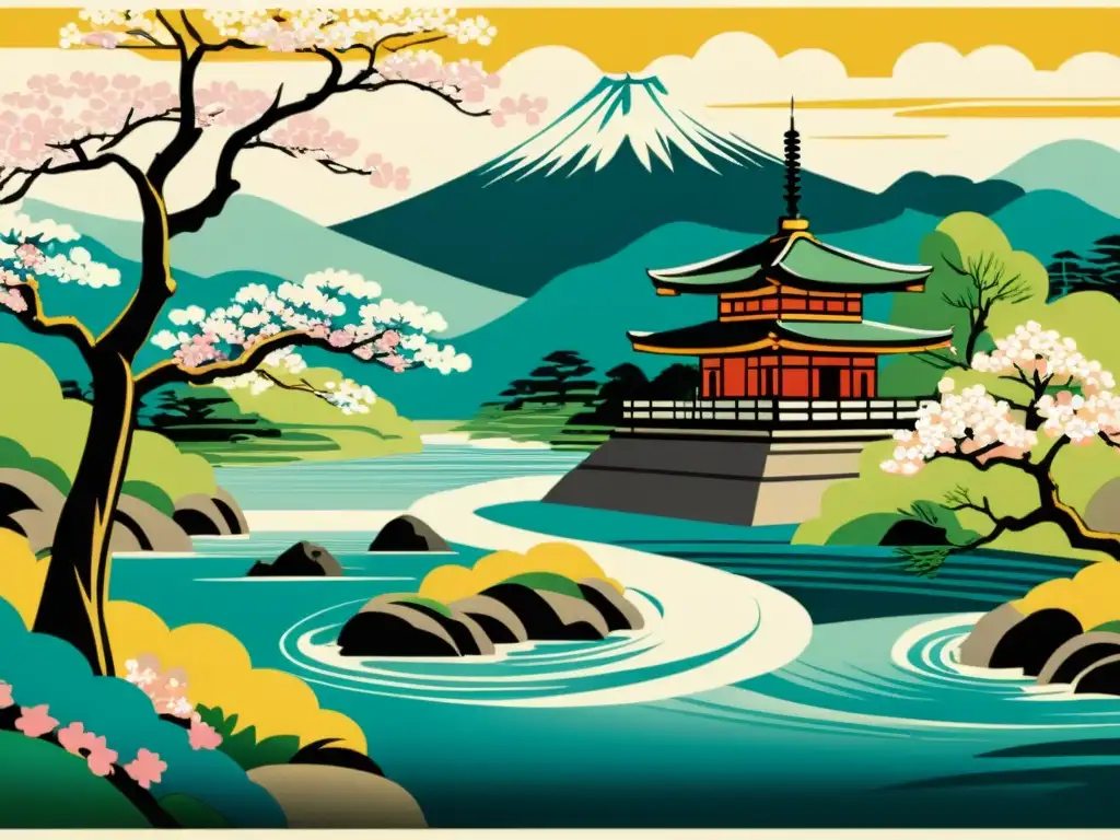 Detalle de grabado japonés con paisaje sereno y flores de cerezo, influencia del arte asiático en Occidente