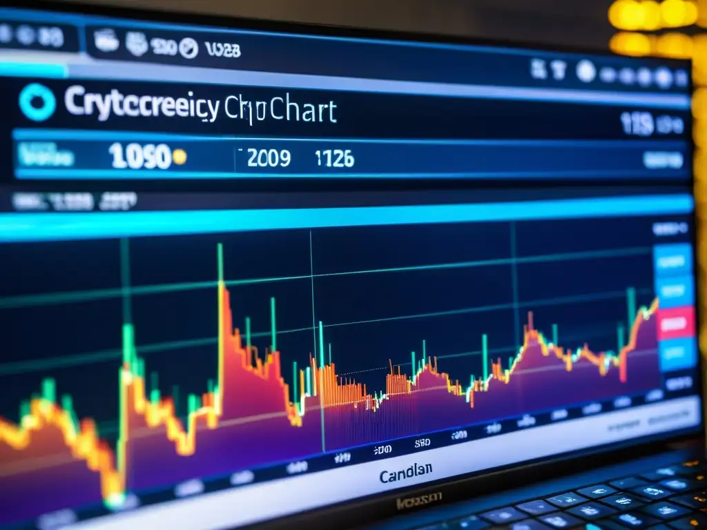 Detalle de gráfico del mercado de criptomonedas en pantalla de computadora, mostrando la volatilidad y equilibrio criptodivisas mercado volátil