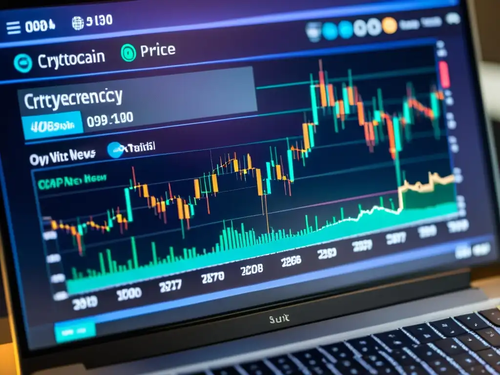 Detalle de gráfico de mercado de criptomonedas en pantalla de computadora, con indicadores técnicos y noticias financieras