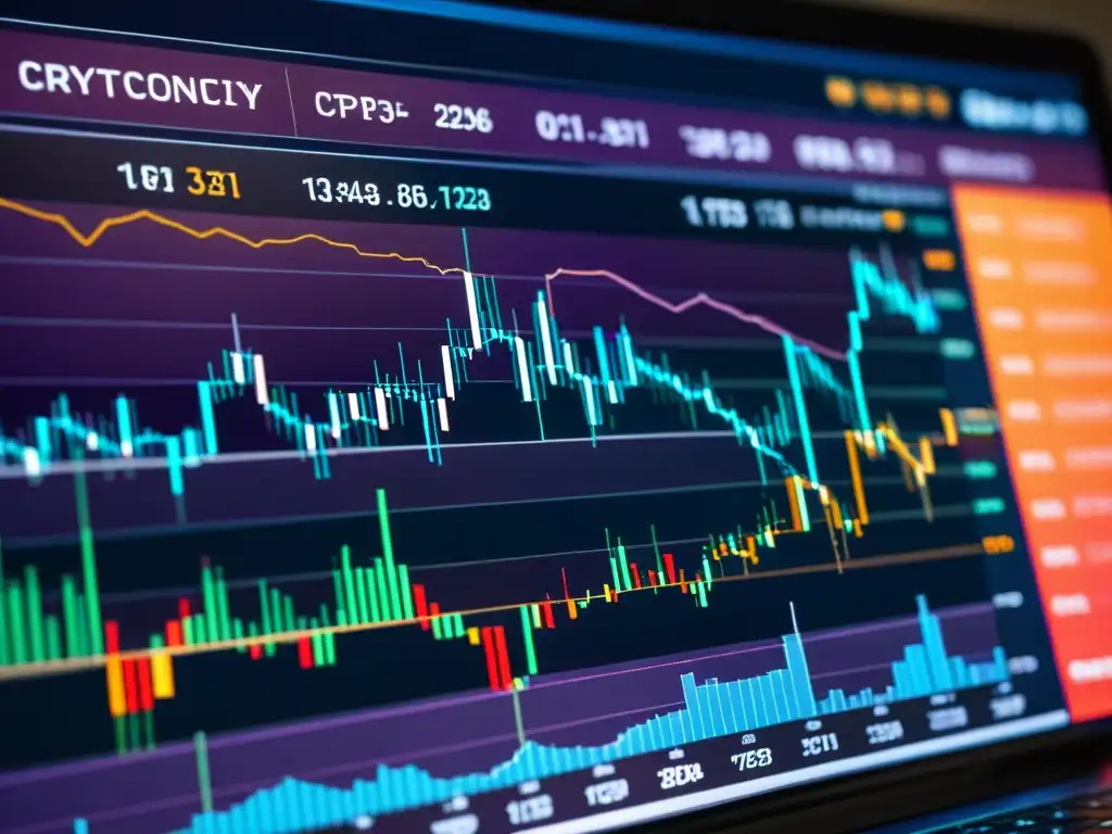 Detalle de gráfico de trading de criptomonedas, reflejando movimientos de precios e indicadores de volumen