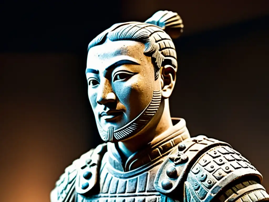 Detalle del guerrero de Terracota de la dinastía Qin, mostrando la artesanía y la obsesión por la inmortalidad