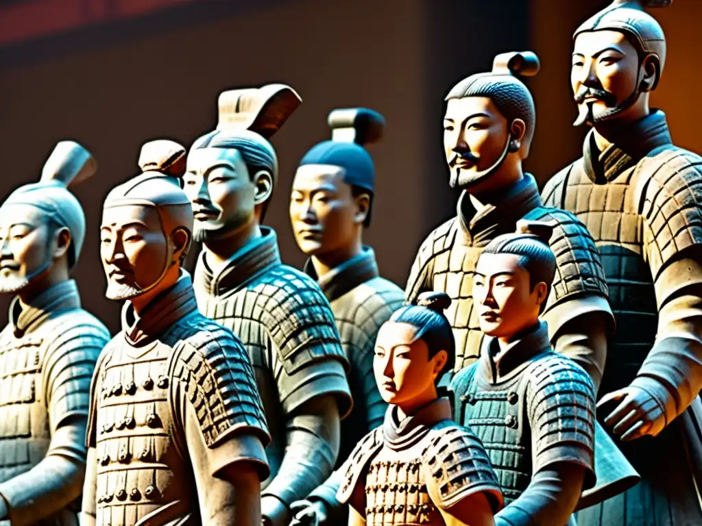 Detalle de los Guerreros de Terracota emperador chino, con expresiones y detalles intrincados, en un escenario de misterio y grandiosidad antigua