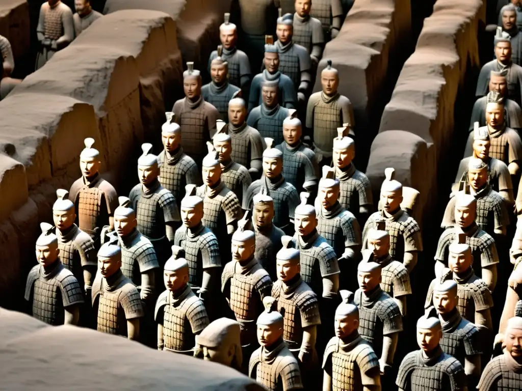 Detalle de los Guerreros de Terracota del emperador chino, con sus distintas figuras y ricos detalles, mostrando su artesanía meticulosa y diversidad