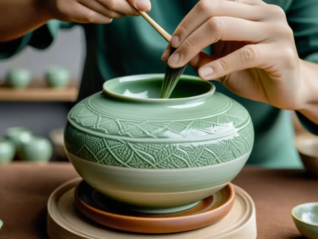 Detalle de las hábiles manos de un artesano aplicando la celadón a una cerámica, destacando la artesanía de la cerámica celadón antigua China