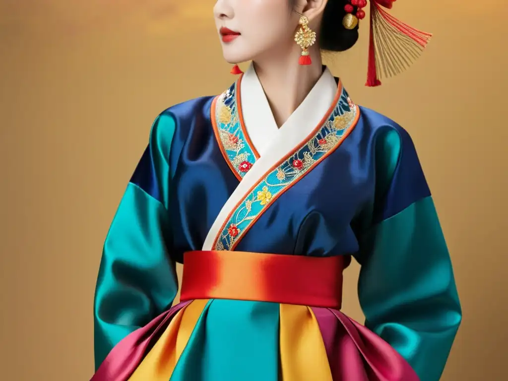 Detalle de hanbok coreano fusionando tradición y modernidad con bordados vibrantes, colores llamativos y elementos culturales sutiles en el fondo