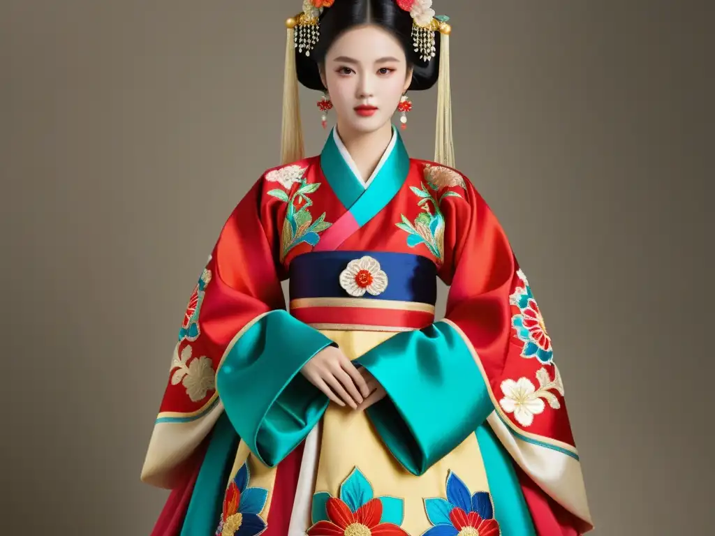 Detalle de un hanbok coreano con vibrantes colores y bordados exquisitos, mostrando la rica historia y cultura de las series asiáticas educativas