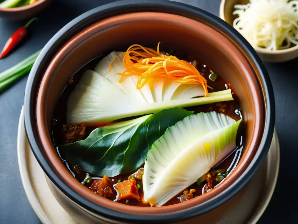 Detalle de un hermoso tarro de cerámica coreano lleno de kimchi casero, resaltando los vibrantes colores rojos de la col fermentada y las especias