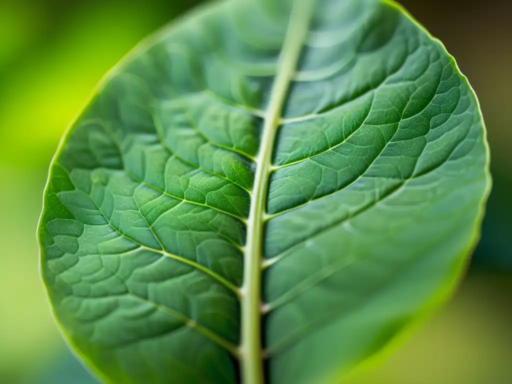 Detalle de una hoja de té verde, resaltando sus venas y color