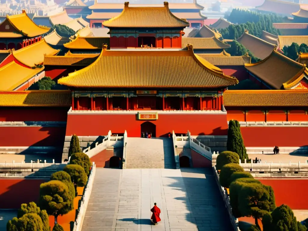 Detalle ilustrado de la Ciudad Prohibida en Beijing, con su arquitectura intrincada y colores vibrantes