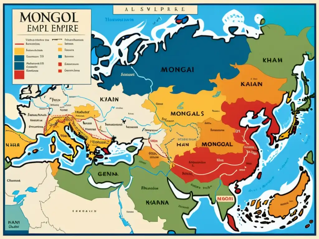 Detalle ilustrado del mapa del Imperio Mongol, mostrando su extensión territorial y división entre los sucesores de Genghis Khan