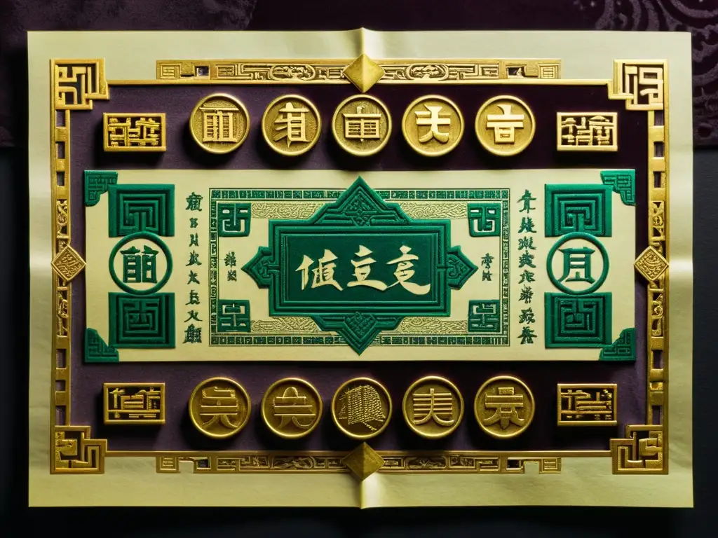 Detalle impresionante de una antigua moneda china de la dinastía Song, junto a artefactos históricos