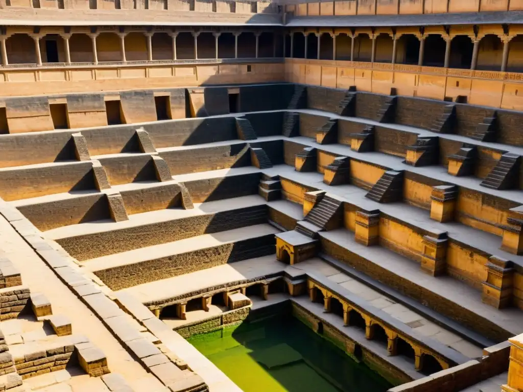 Detalle impresionante del antiguo paso de agua en Chand Baori, India