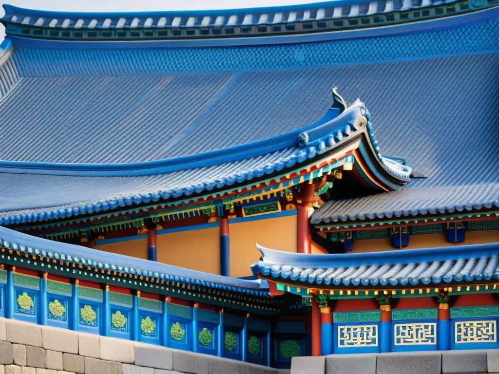 Detalle impresionante de la arquitectura dinastía Joseon con tejas azules, palacio Gyeongbokgung, eaves ornamentados y jardines exuberantes