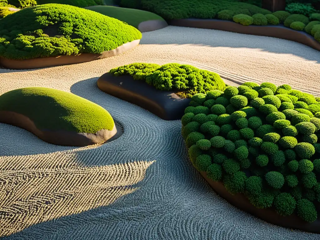 Detalle impresionante del arte de los jardines japoneses: rocas, grava y musgo crean una serena y atemporal obra maestra de diseño