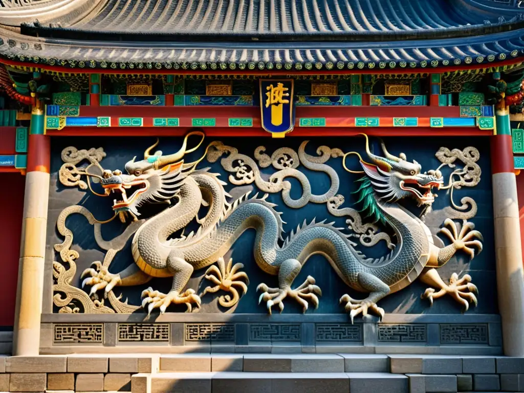 Detalle impresionante de la fachada de la Tumba Imperial de la dinastía Ming, con intrincados motivos de dragones y símbolos celestiales