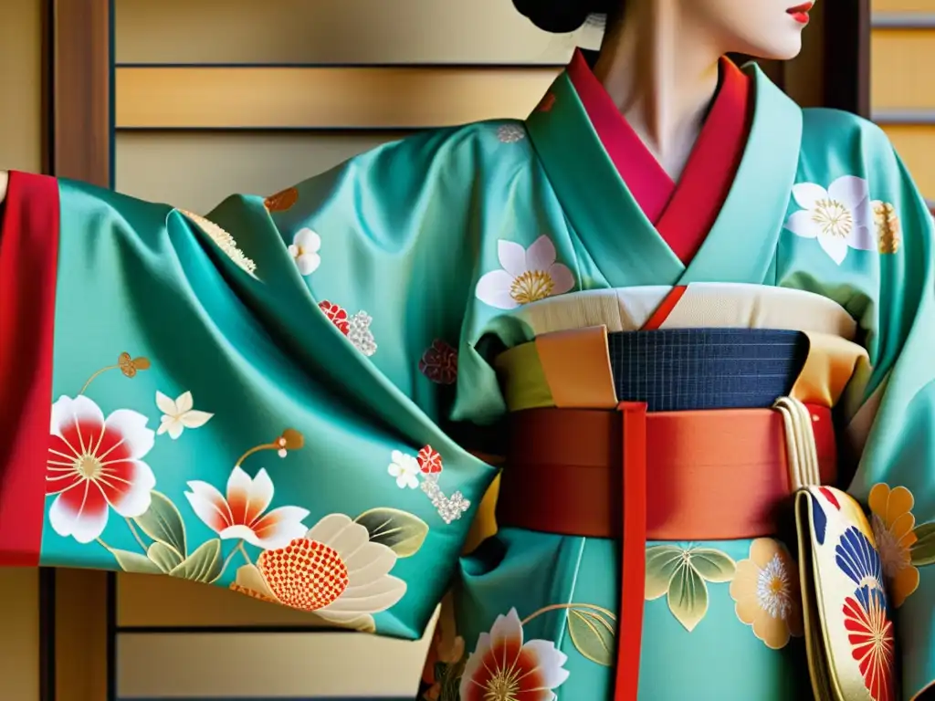 Detalle impresionante del kimono de geisha japonés, influencia literatura asiática cine