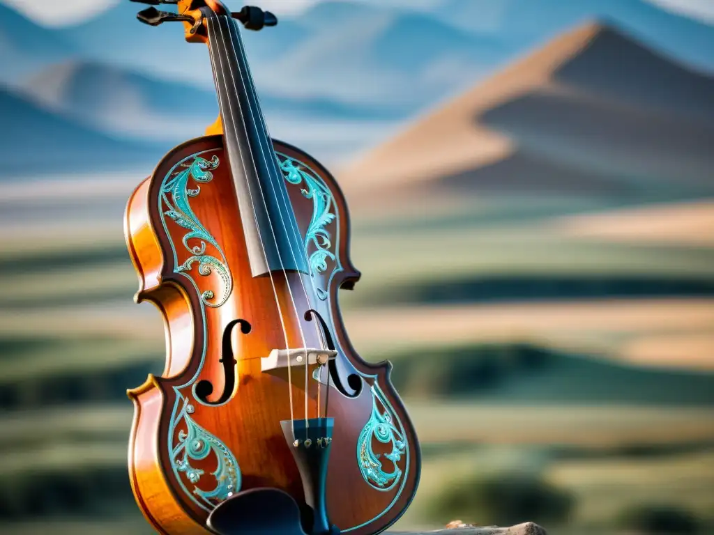 Detalle impresionante de una morin khuur en la estepa mongola al atardecer, evocando la música tradicional Mongolia cantos garganta