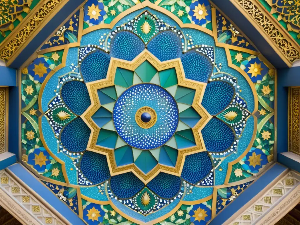 Detalle impresionante de un mosaico en una mezquita islámica, exhibiendo patrones geométricos en tonos azul, verde y dorado