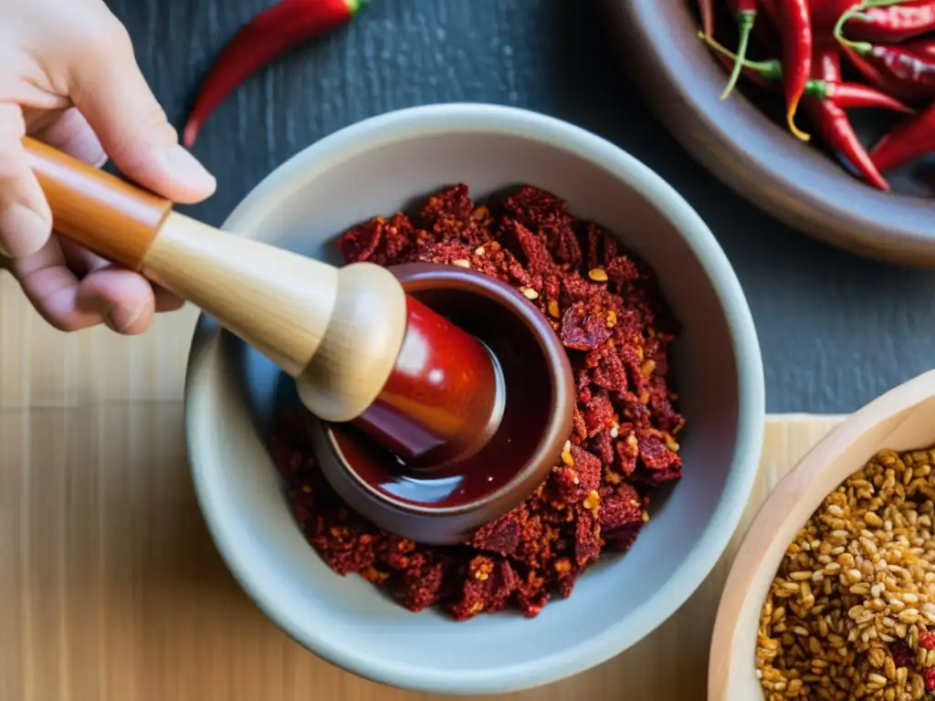 Detalle impresionante de la elaboración de la pasta de chile coreana Kochujang en un mortero de madera, resaltando la dedicación y tradición