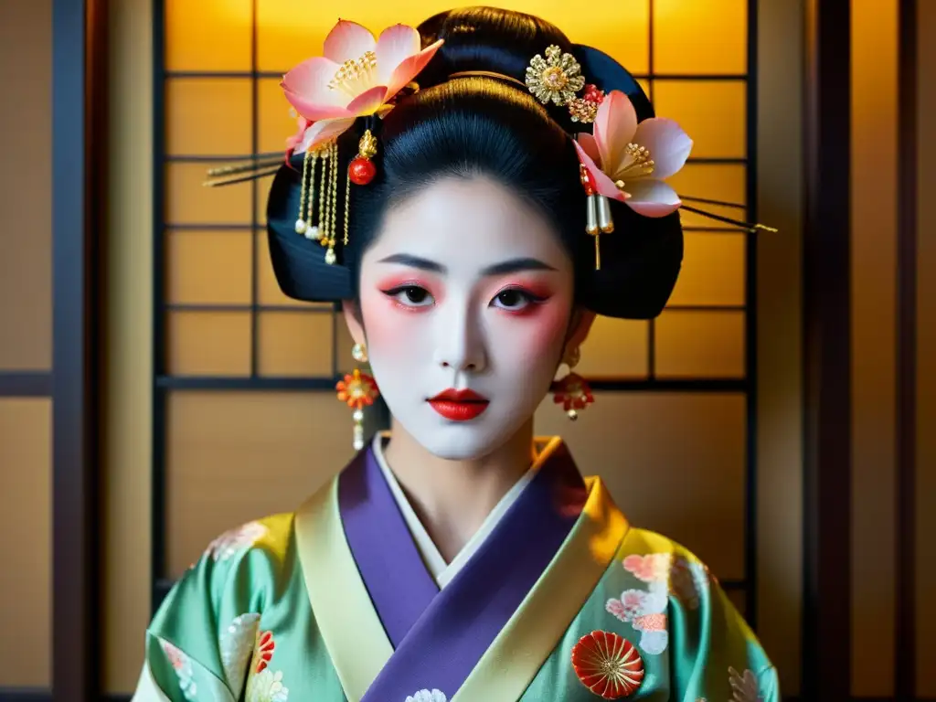 Detalle impresionante del peinado de una geisha japonesa, con ornamentos de seda y pasadores