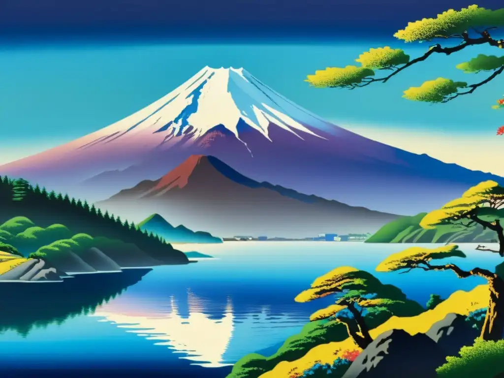 Detalle impresionante de una pintura japonesa del Monte Fuji, con colores vibrantes y meticulosa técnica artística, capturando la esencia cultural y artística del icónico paisaje