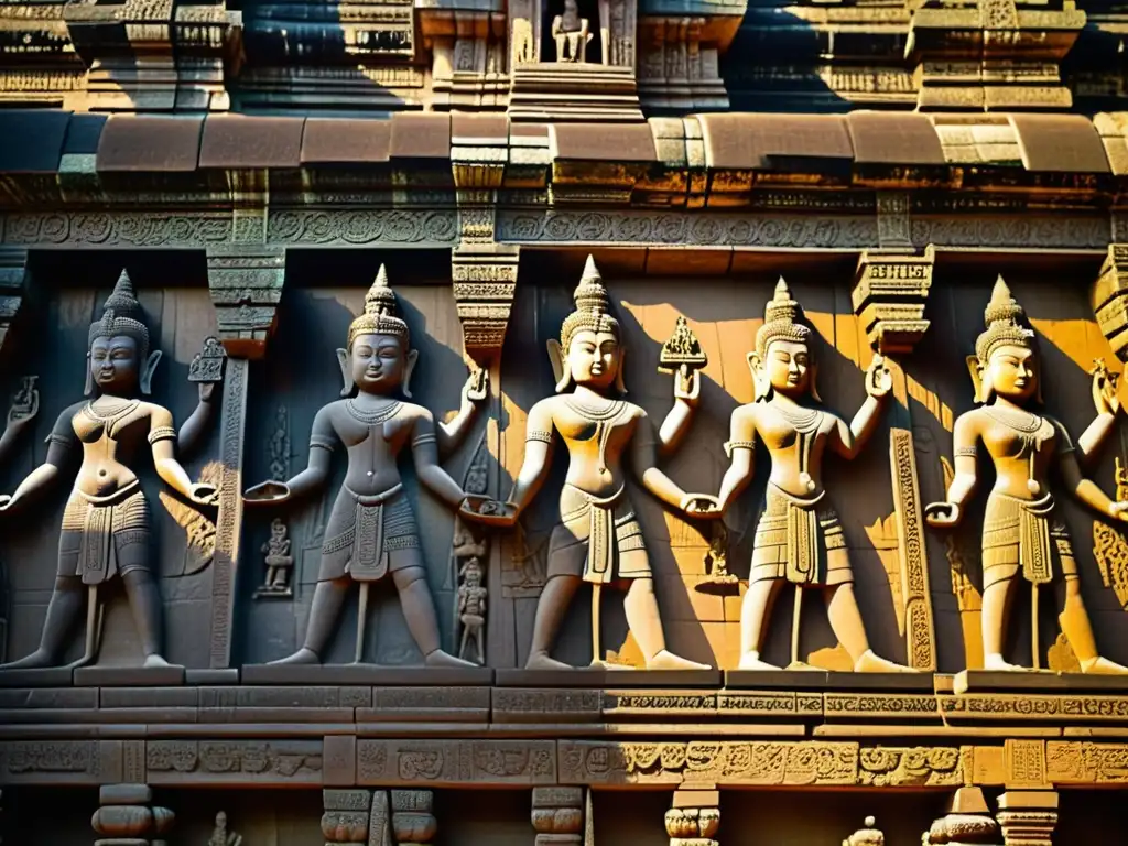 Detalle de las impresionantes esculturas en piedra de Angkor Wat, mostrando la riqueza cultural y las clases sociales en la era de Angkor Wat