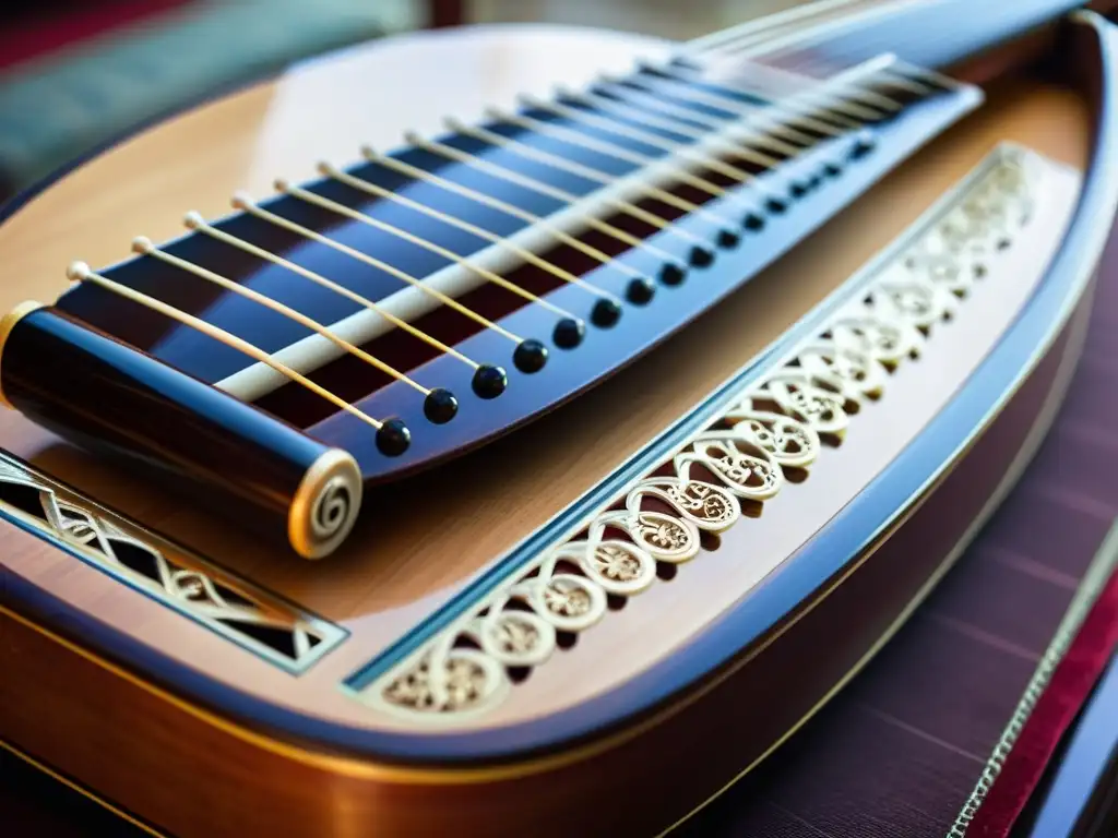 Detalle de un instrumento musical tradicional del Lejano Oriente, destacando la artesanía y las escalas musicales