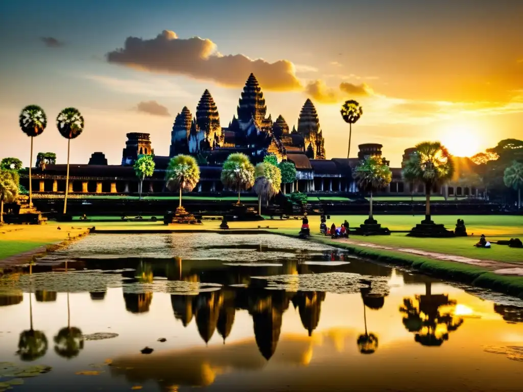 Detalle de las intrincadas esculturas de Angkor Wat al amanecer, reflejando la belleza de santuarios sagrados Asia