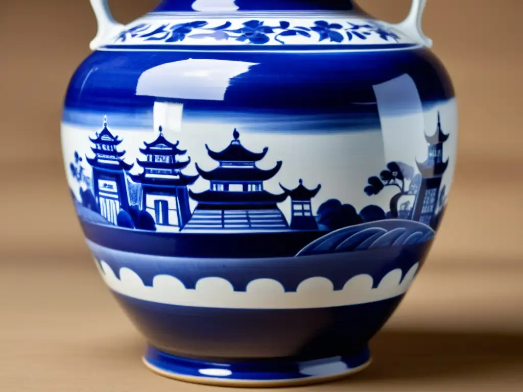 Detalle intrincado de una antigua vasija china en azul y blanco, con escenas de la vida tradicional