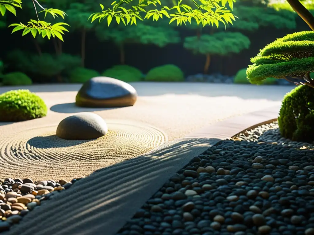 Detalle de jardín zen japonés con luz solar filtrada entre árboles