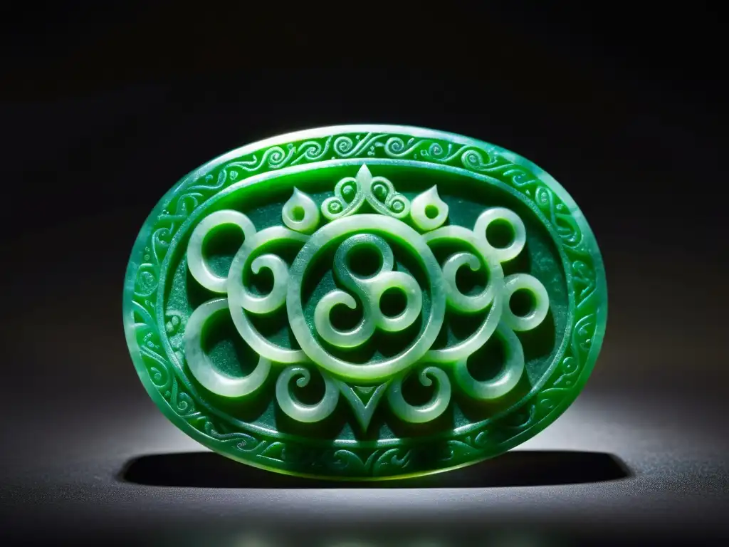 Detalle de joya mongola tallada en jade, resaltando su artesanía y simbolismo cultural en un fondo oscuro de museo