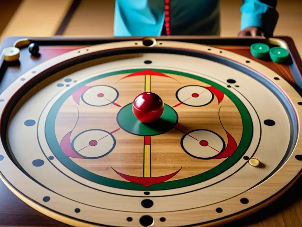 Detalle del juego de Carrom con destrezas y estrategias, capturando la concentración y precisión de los jugadores