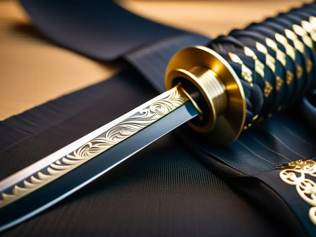 Detalle de una katana japonesa con influencia del cine de samuráis, mostrando la belleza del acero plegado y la elegancia de su diseño