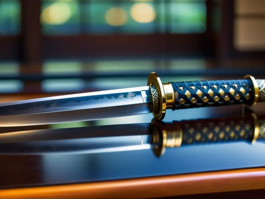 Detalle de katana japonesa en soporte de madera, reflejando dualidad poesía samurai cultura asiática en elegante luz difusa